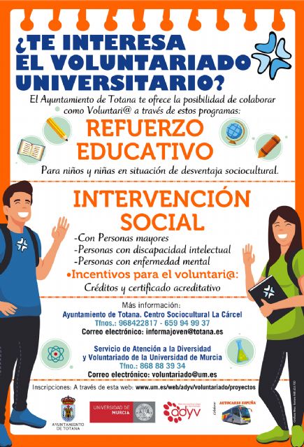 El Ayuntamiento ofrece, de nuevo a los universitarios de la UMU la posibilidad de participar como voluntarios en proyectos de inters social.