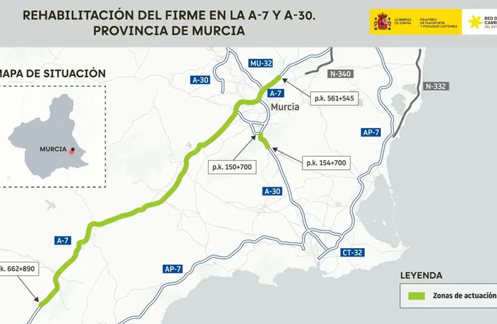 Transportes licita por 8,7 millones el reasfaltado de la A-7, que renovar� la autov�a a su paso por Totana