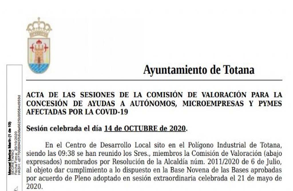 El ayuntamiento de Totana da a conocer los primeros listados sobre la resolucin de ayudas a autnomos, microempresas y pymes afectadas por el COVID-19