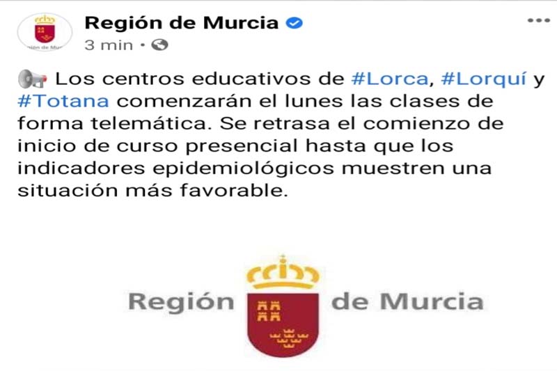 Los centros educativos de Totana, junto a los de Lorca y Lorqu comienzan este lunes las clases de forma telemtica